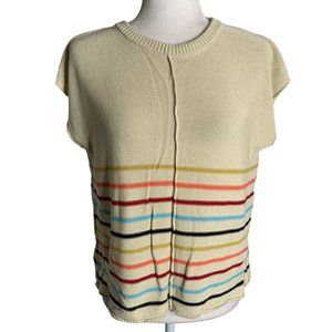 Knit Sleeveless Sweater Vest M Beige Rainbow Stripe Round Neck Pullover